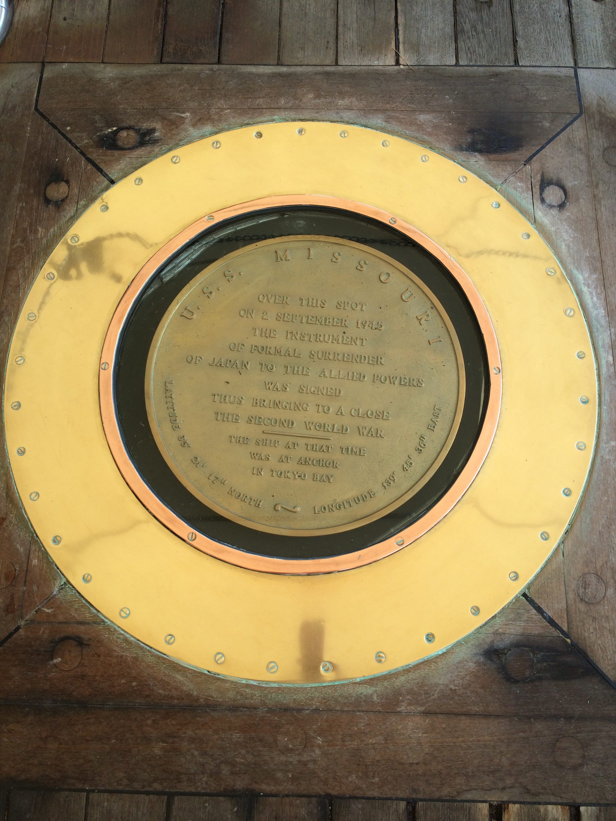 Plaque On The USS Missouri Commemorating The Signing Of The Japanese Surrender